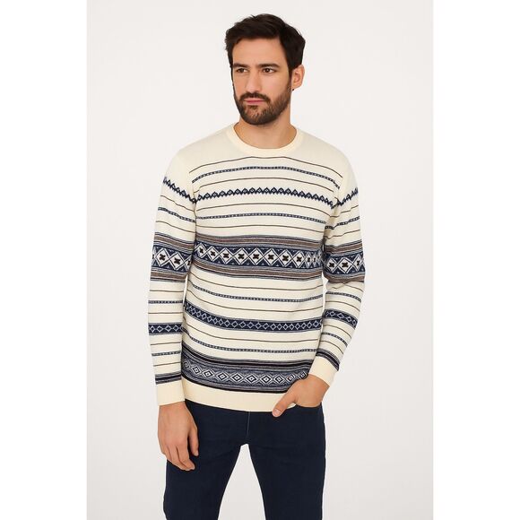 Hart Schaffner Marx Mens Cream Blue Fair Isle Merino Wool Pullover Sweater Large - Picture 1 of 9